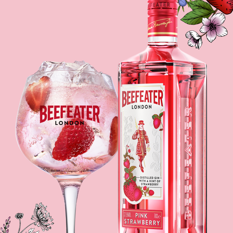 Beefeater Pink Strawberry Gin with cocktail glass